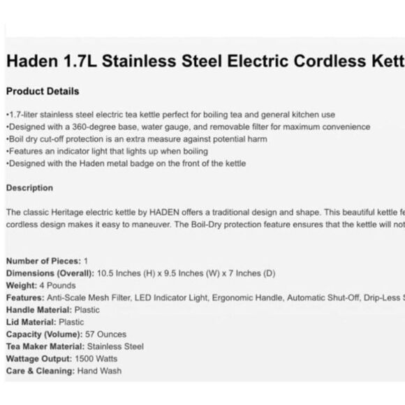 Haden 1.7L Stainless Steel Cordless Kettle - Picture 11 of 12